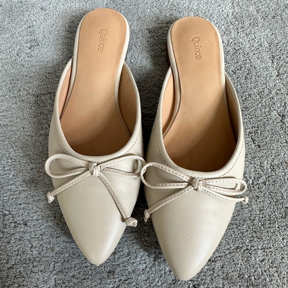Quince Italian Leather Pointed Mule with Bow Almond Size 6